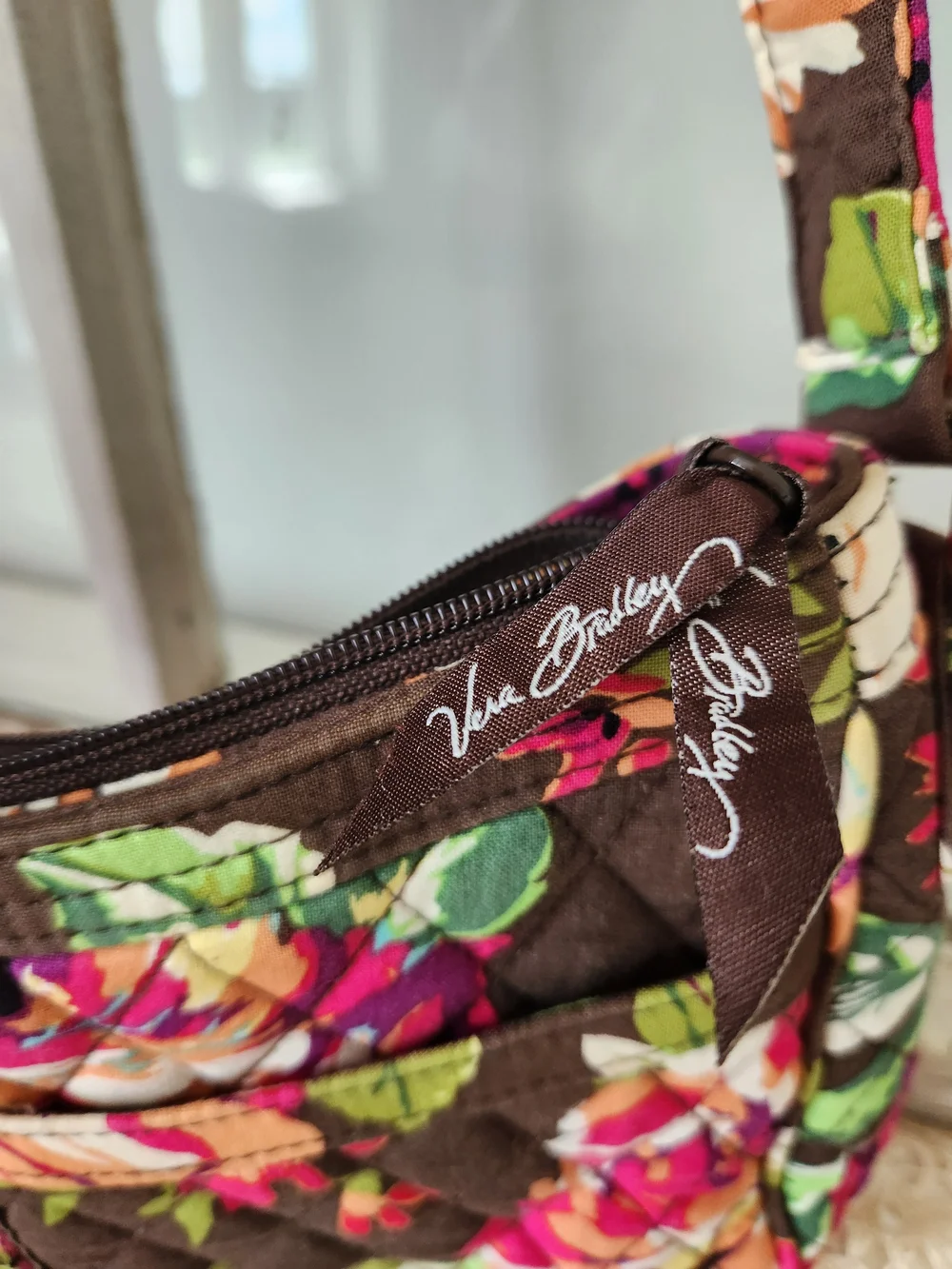 Vera Bradley Quilted Floral Shoulder Bag Brown and Multi 11 X 6.5 X 3 With 9.5